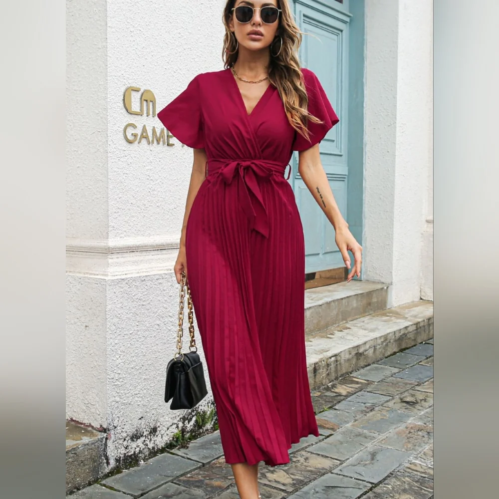 Wine Belted Surplice Midi Dress - Picture 6 of 9